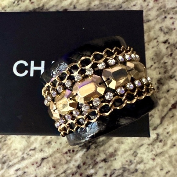 Y2K Wide Leather Croc Cuff w Gold Chain, Stones , and Rhinestones Cuff - Picture 8 of 8
